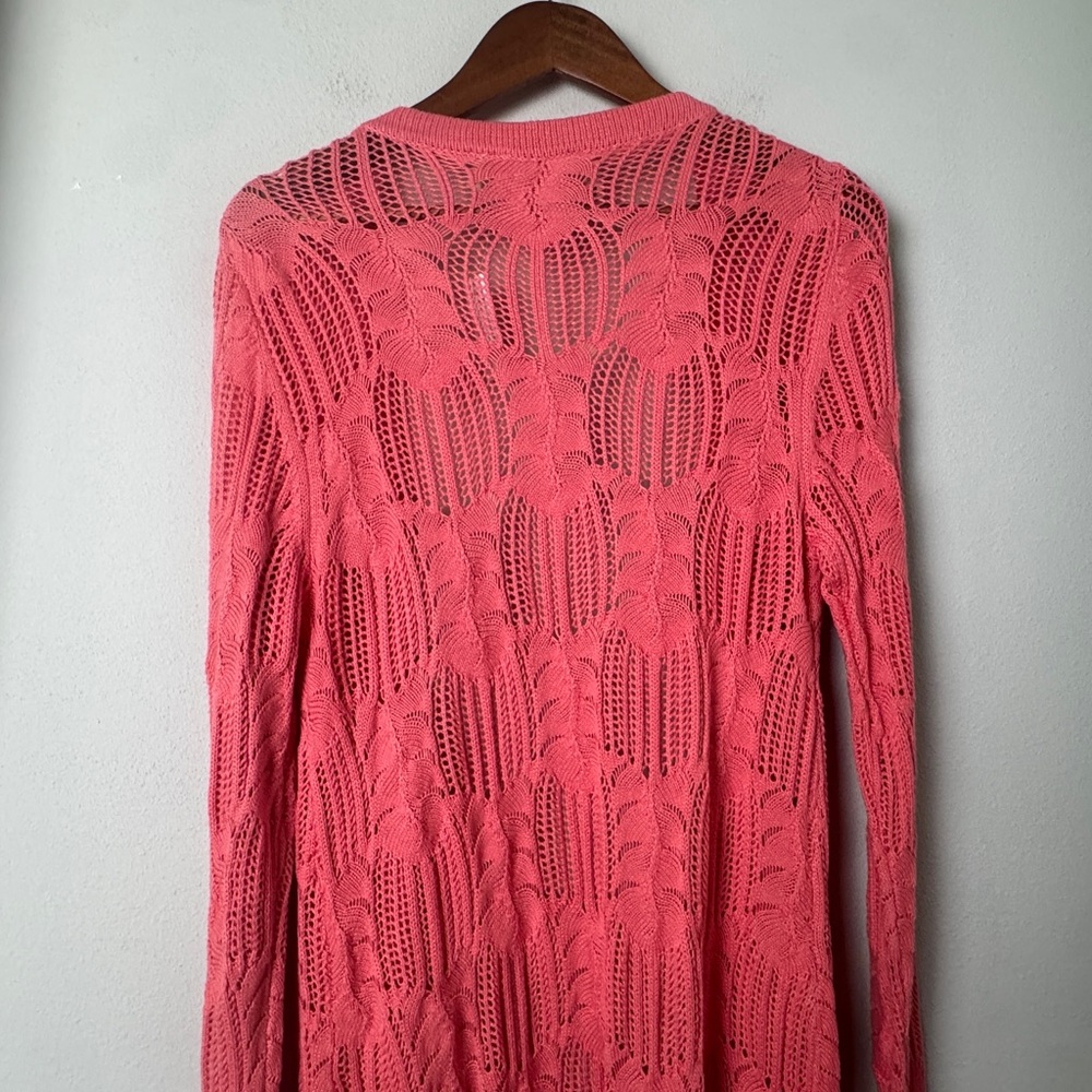 New Soft Surroundings Coral Crochet Long Open Cardigan Duster Size M Boho Mesh - Picture 5 of 8
